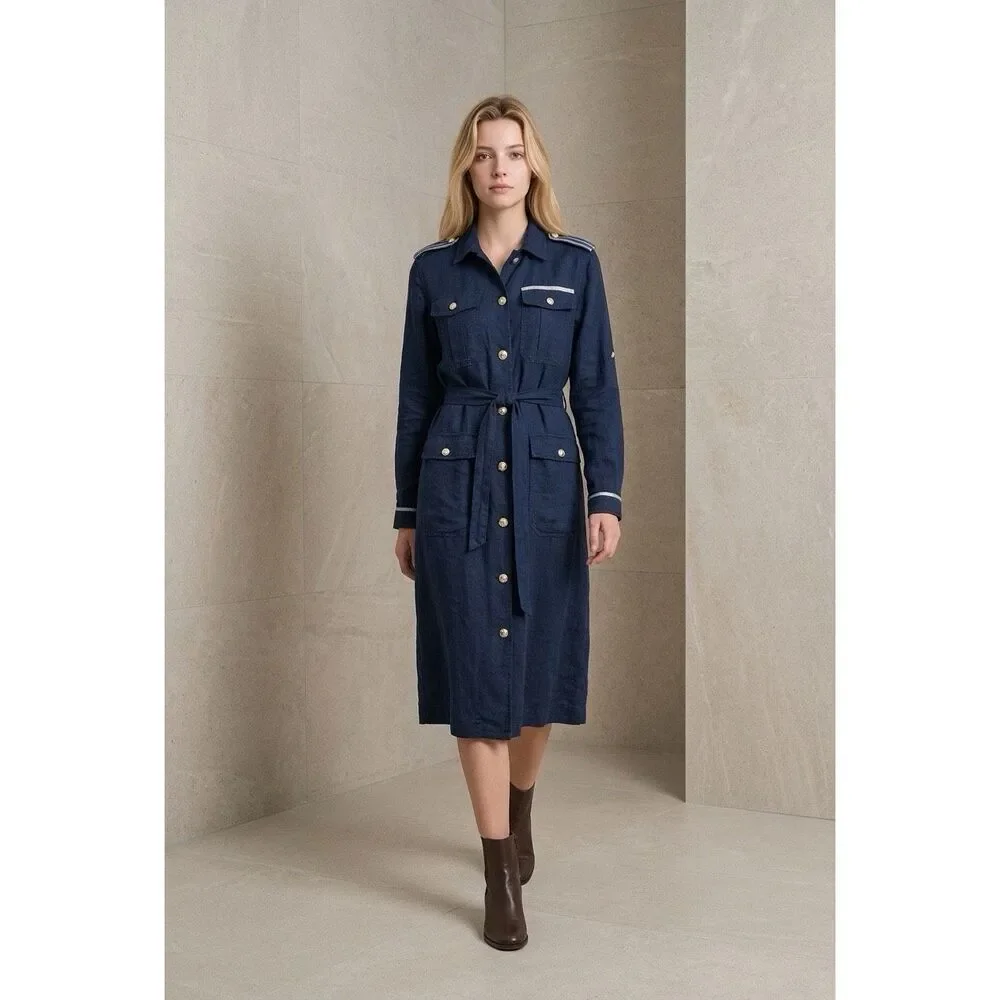NWT L’AGENCE Kingsley Linen Shirt Dress Coat Navy Military Button Front Belted S
